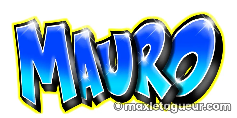 Graffiti prénom Mauro bleu et jaune – lettrage graffiti – Max Le Tagueur – 2019