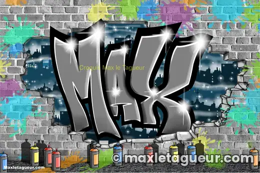 Graffiti prénom Max gris et turquoise – graffiti personnalisé en situation – style 5 – Max Le Tagueur