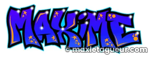 Graffiti prénom Maxime bleu et noir – lettrage graffiti – style 2 – Max Le Tagueur – 2021