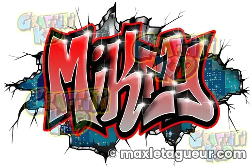 Graffiti prénom Mikey rouge et gris – graffiti personnalisé en situation – style 6 – Max Le Tagueur – 2020