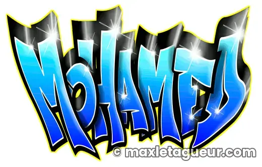 Graffiti prénom Mohamed bleu et turquoise – lettrage graffiti – style 3 – Max Le Tagueur