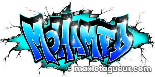 Graffiti prénom Mohamed turquoise et bleu – lettrage graffiti – style 4 – Max Le Tagueur