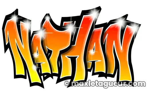 Graffiti prénom Nathan orange et noir – lettrage graffiti – style 5 – Max Le Tagueur