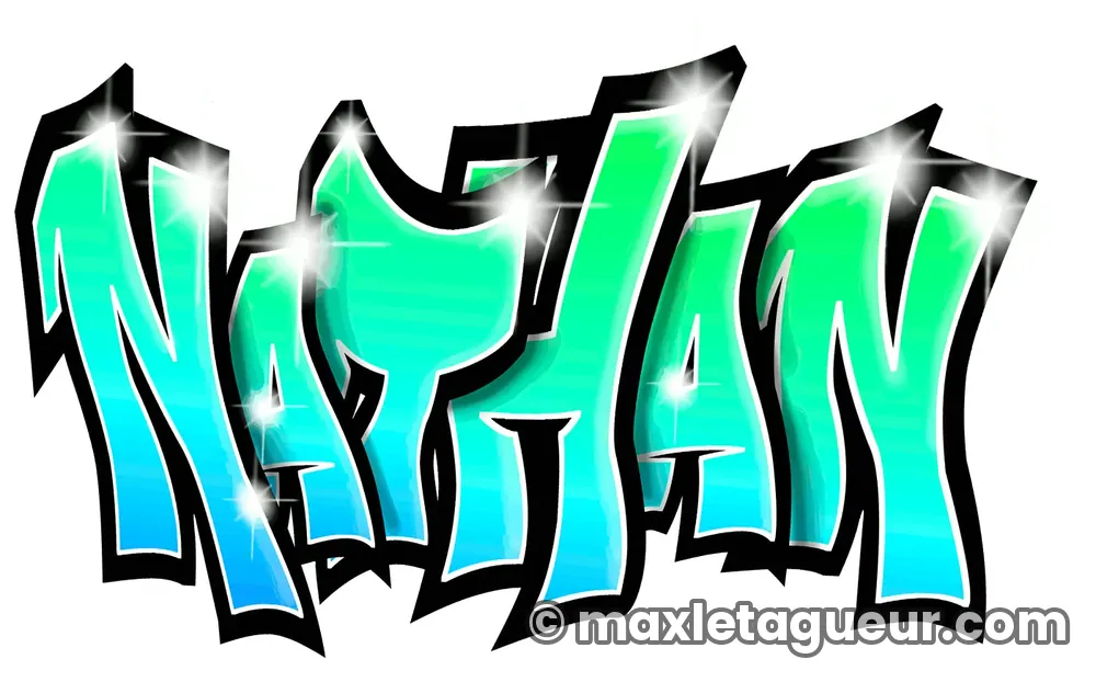 Graffiti prénom Nathan turquoise et noir – lettrage graffiti – Max Le Tagueur