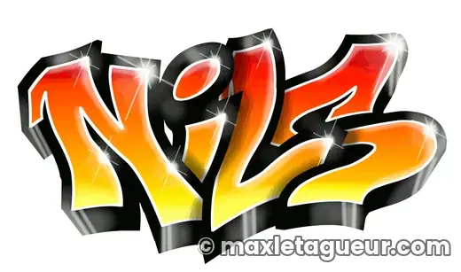 Graffiti prénom Nils gris et orange – lettrage graffiti – style 2 – Max Le Tagueur