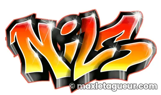 Graffiti prénom Nils orange et noir – lettrage graffiti – style 3 – Max Le Tagueur