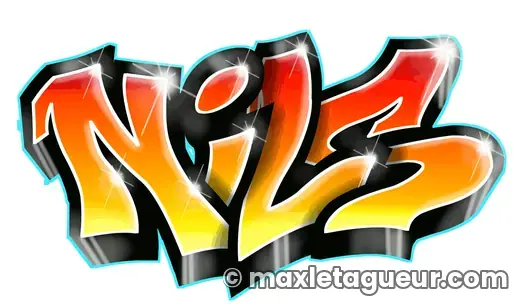 Graffiti prénom Nils noir et orange – lettrage graffiti – style 4 – Max Le Tagueur