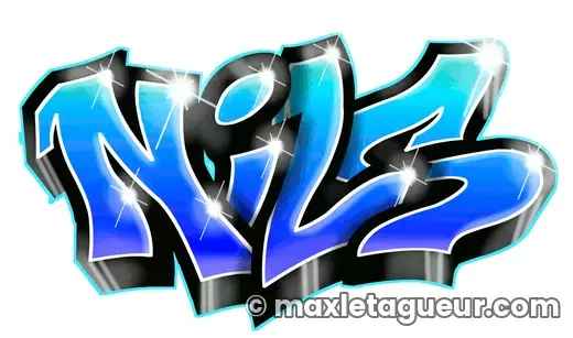 Graffiti prénom Nils bleu et turquoise – lettrage graffiti – Max Le Tagueur