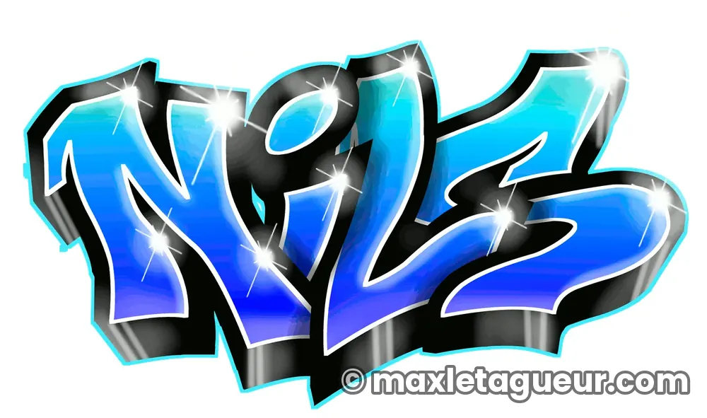 Graffiti prénom Nils bleu et turquoise – lettrage graffiti – Max Le Tagueur