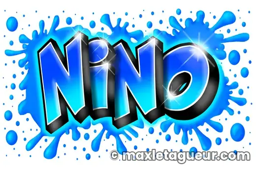 Graffiti prénom Nino bleu et turquoise – lettrage graffiti – style 2 – Max Le Tagueur – 2019