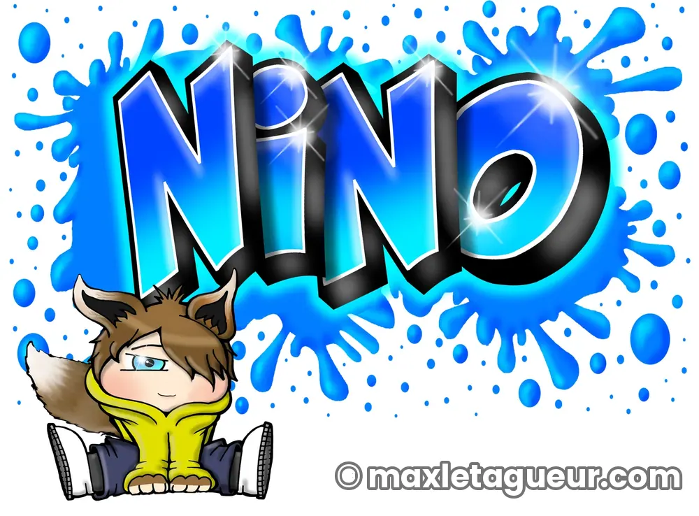 Graffiti prénom Nino bleu et turquoise – lettrage graffiti – Max Le Tagueur – 2019