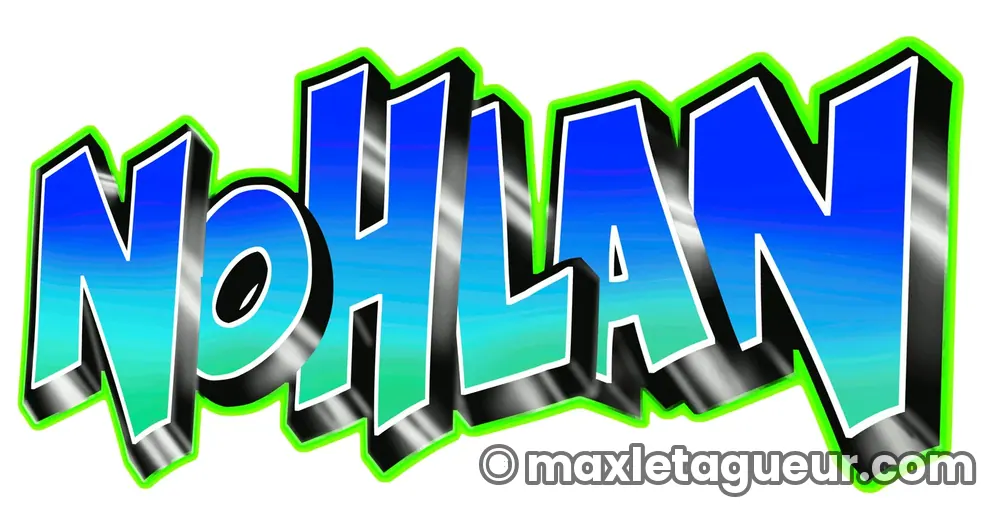 Graffiti prénom Nohlan bleu et vert – lettrage graffiti – Max Le Tagueur