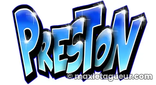 Graffiti prénom Preston bleu et noir – lettrage graffiti – style 2 – Max Le Tagueur – 2020