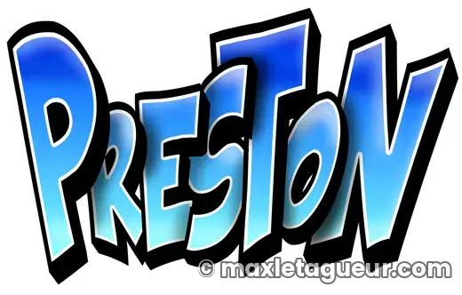 Graffiti prénom Preston bleu et noir – lettrage graffiti – style 5 – Max Le Tagueur – 2021