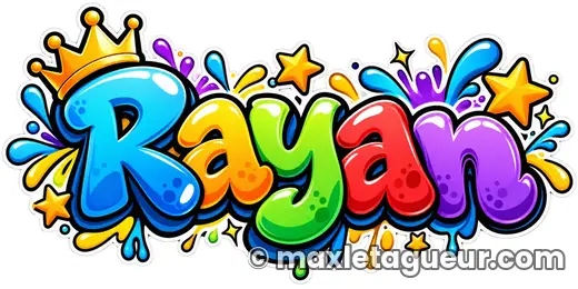 Graffiti prénom Rayan jaune et gris – lettrage graffiti – style 2 – Max Le Tagueur – 2026