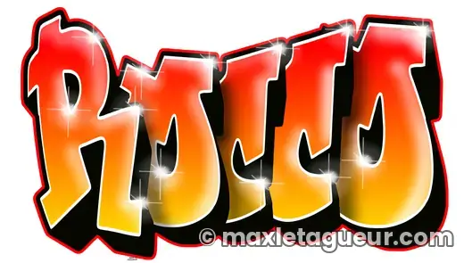 Graffiti prénom Rocco rouge et orange – lettrage graffiti – style 4 – Max Le Tagueur – 2021