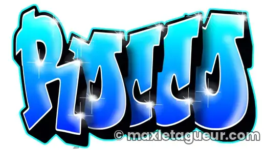 Graffiti prénom Rocco turquoise et bleu – lettrage graffiti – style 5 – Max Le Tagueur – 2021