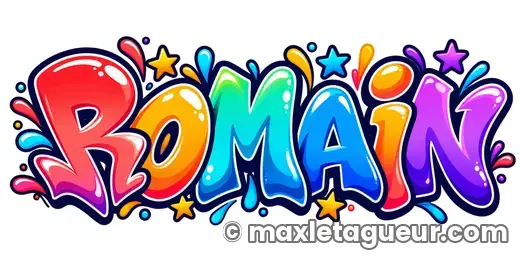 Graffiti prénom Romain bleu et rouge – lettrage graffiti – style 3 – Max Le Tagueur – 2026