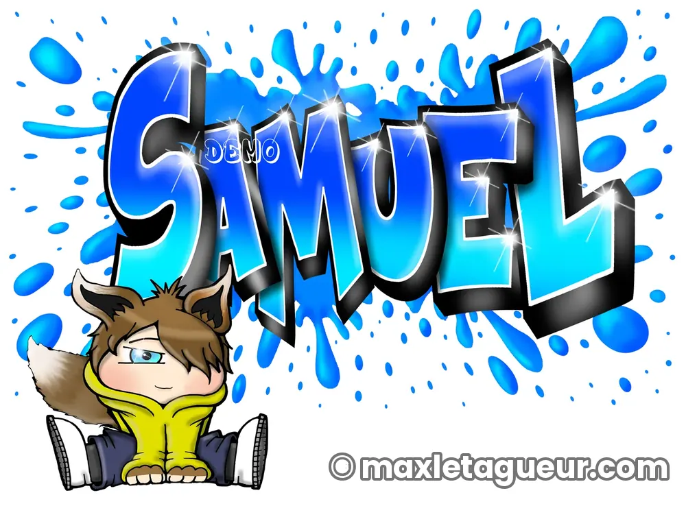 Graffiti prénom Samuel bleu et turquoise – lettrage graffiti – Max Le Tagueur