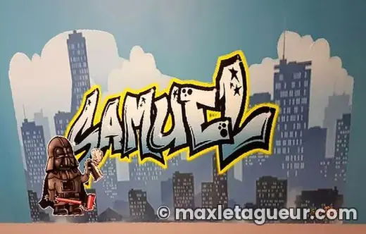 Graffiti prénom Samuel gris et orange – sticker graffiti – style 3 – Max Le Tagueur