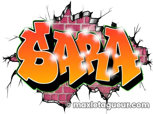 Graffiti prénom Sara orange et rouge – lettrage graffiti – style 6 – Max Le Tagueur – 2022