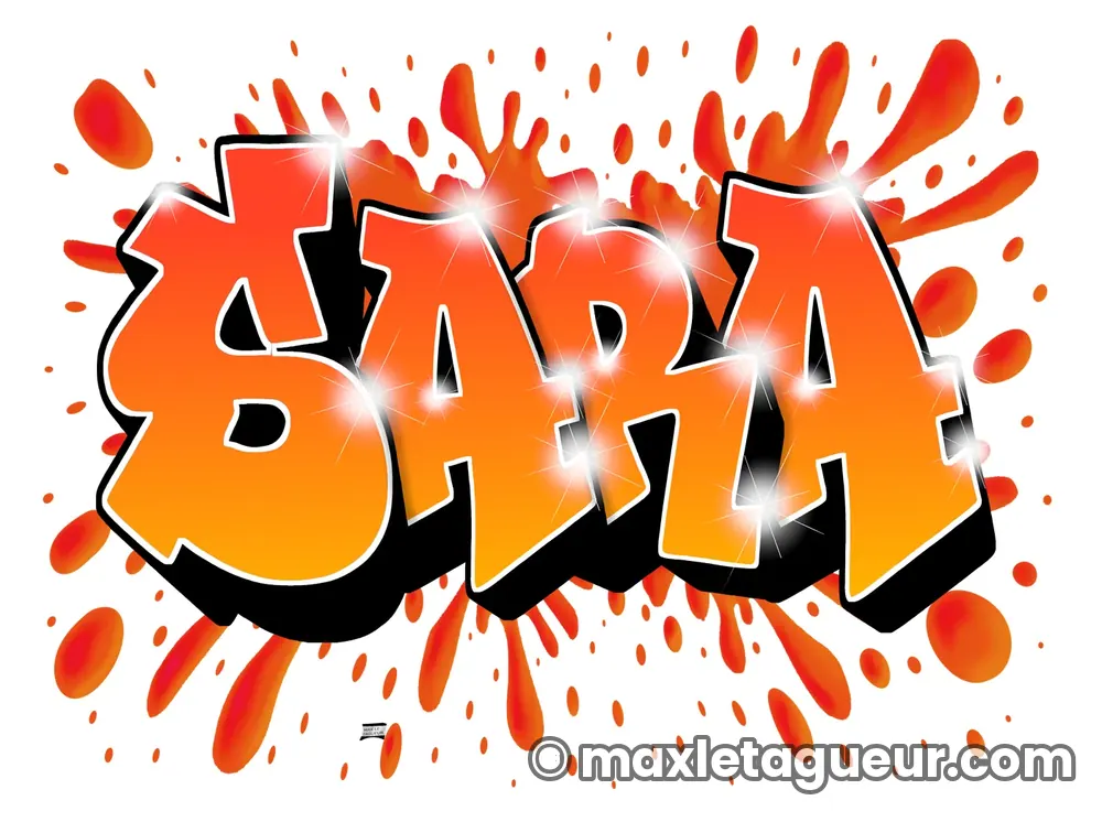 Graffiti prénom Sara orange et rouge – lettrage graffiti – Max Le Tagueur – 2022