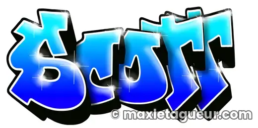 Graffiti prénom Scott bleu et turquoise – lettrage graffiti – style 4 – Max Le Tagueur – 2021