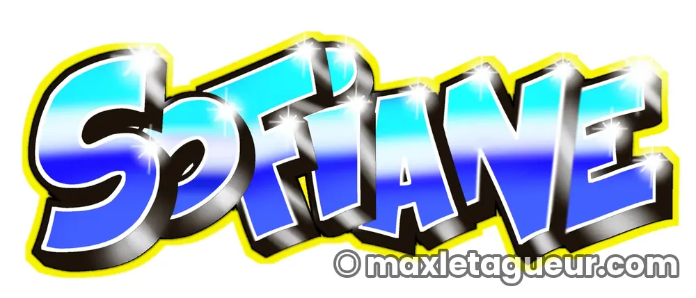 Graffiti prénom Sofiane bleu et jaune – lettrage graffiti – Max Le Tagueur