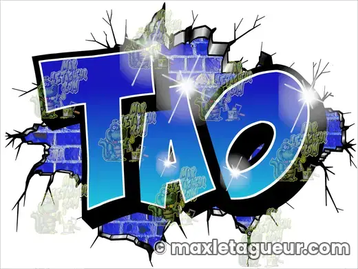 Graffiti prénom Tao bleu et gris – graffiti personnalisé en situation – style 2 – Max Le Tagueur – 2022