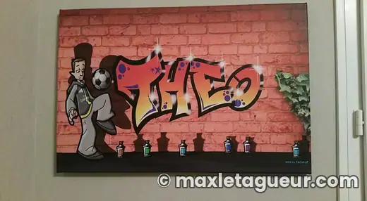 Graffiti prénom Théo gris et rouge – tableau graffiti sur toile – Max Le Tagueur