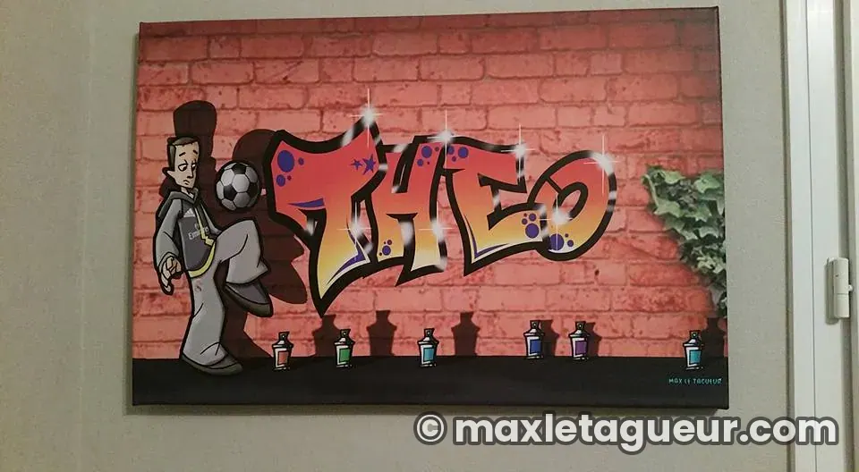 Graffiti prénom Théo gris et rouge – tableau graffiti sur toile – Max Le Tagueur