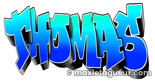 Graffiti prénom Thomas bleu et turquoise – lettrage graffiti – style 2 – Max Le Tagueur – 2021