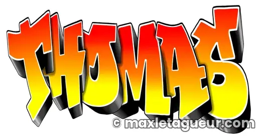 Graffiti prénom Thomas jaune et orange – lettrage graffiti – style 3 – Max Le Tagueur – 2021