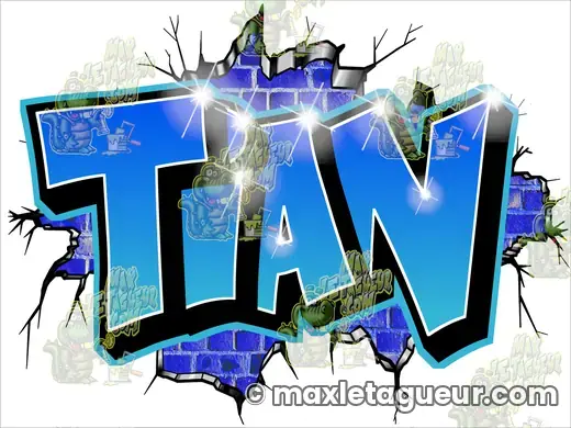 Graffiti prénom Tian bleu et gris – graffiti personnalisé en situation – style 3 – Max Le Tagueur – 2022