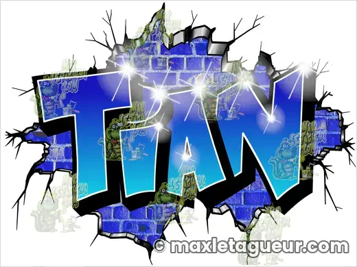 Graffiti prénom Tian bleu et gris – graffiti personnalisé en situation – style 2 – Max Le Tagueur – 2022
