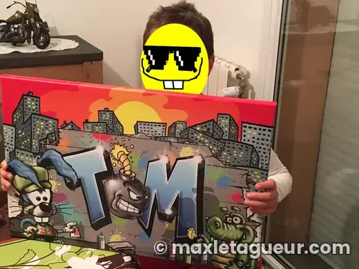 Graffiti prénom Tom orange et gris – tableau graffiti sur toile – style 7 – Max Le Tagueur