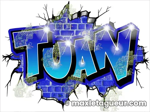 Graffiti prénom Tuan bleu et gris – graffiti personnalisé en situation – style 3 – Max Le Tagueur – 2022