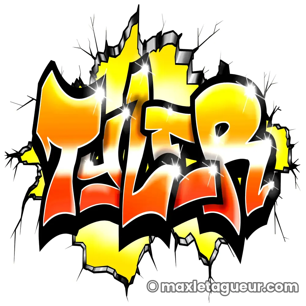 Graffiti prénom Tyler jaune et noir – lettrage graffiti – Max Le Tagueur