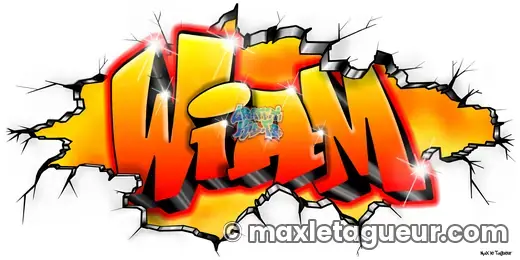 Graffiti prénom Wiam orange et jaune – graffiti personnalisé en situation – Max Le Tagueur – 2018