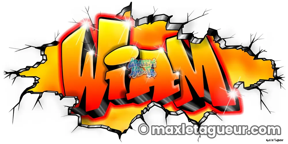 Graffiti prénom Wiam orange et jaune – graffiti personnalisé en situation – Max Le Tagueur – 2018