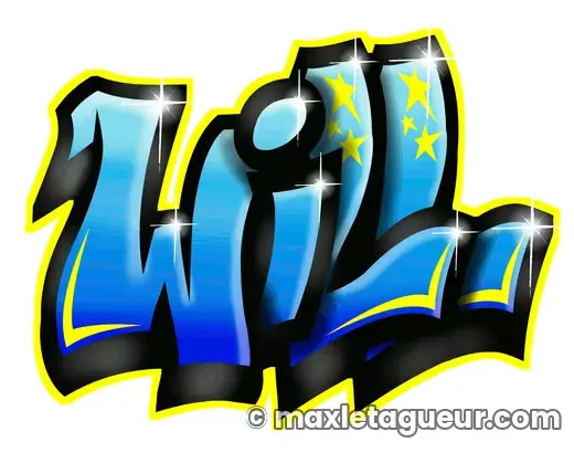 Graffiti prénom Will noir et bleu – lettrage graffiti – style 2 – Max Le Tagueur