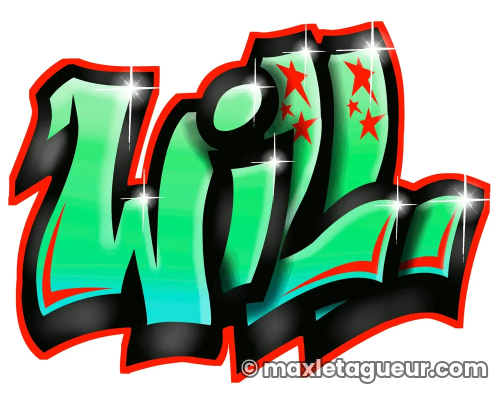 Graffiti prénom Will vert et noir – lettrage graffiti – Max Le Tagueur