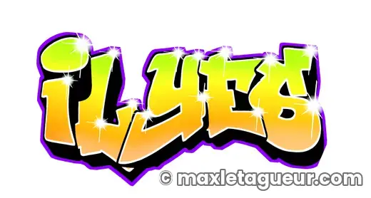 Graffiti prénom Yliès jaune et noir – lettrage graffiti – style 2 – Max Le Tagueur – 2021
