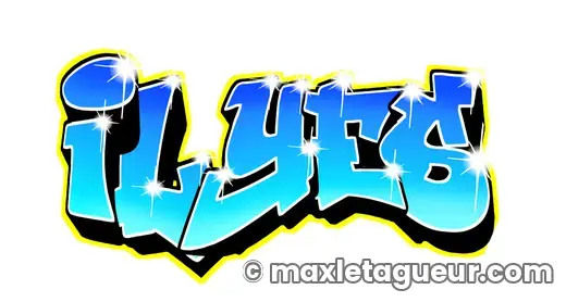 Graffiti prénom Yliès turquoise et bleu – lettrage graffiti – style 3 – Max Le Tagueur – 2021