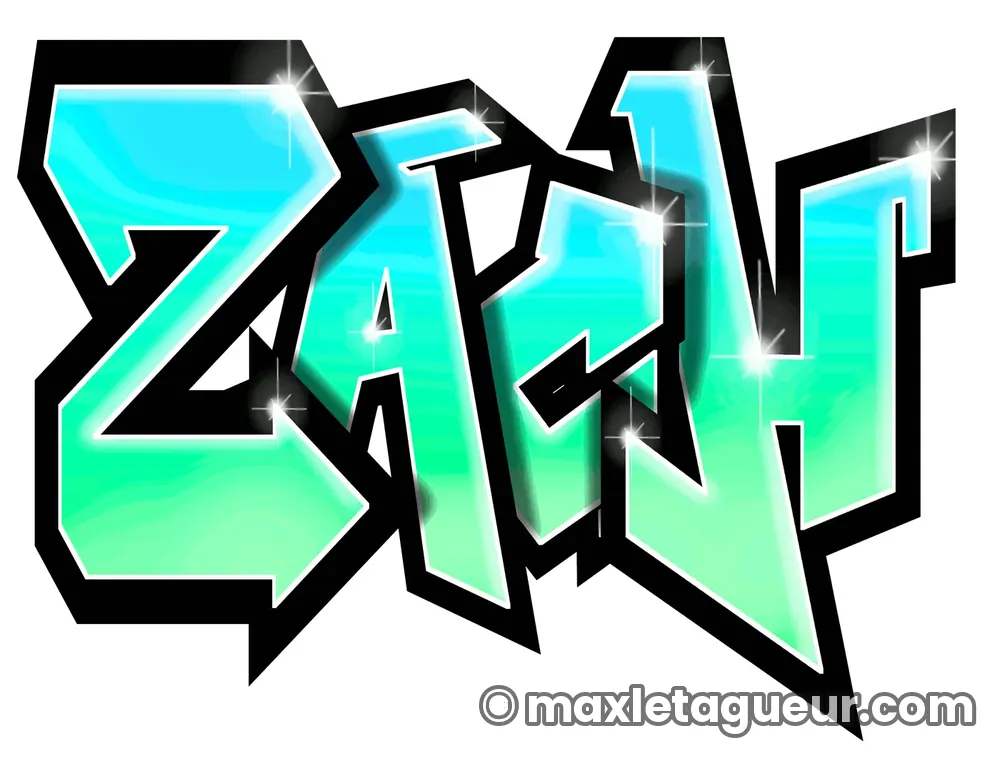 Graffiti prénom Zach turquoise et noir – lettrage graffiti – Max Le Tagueur